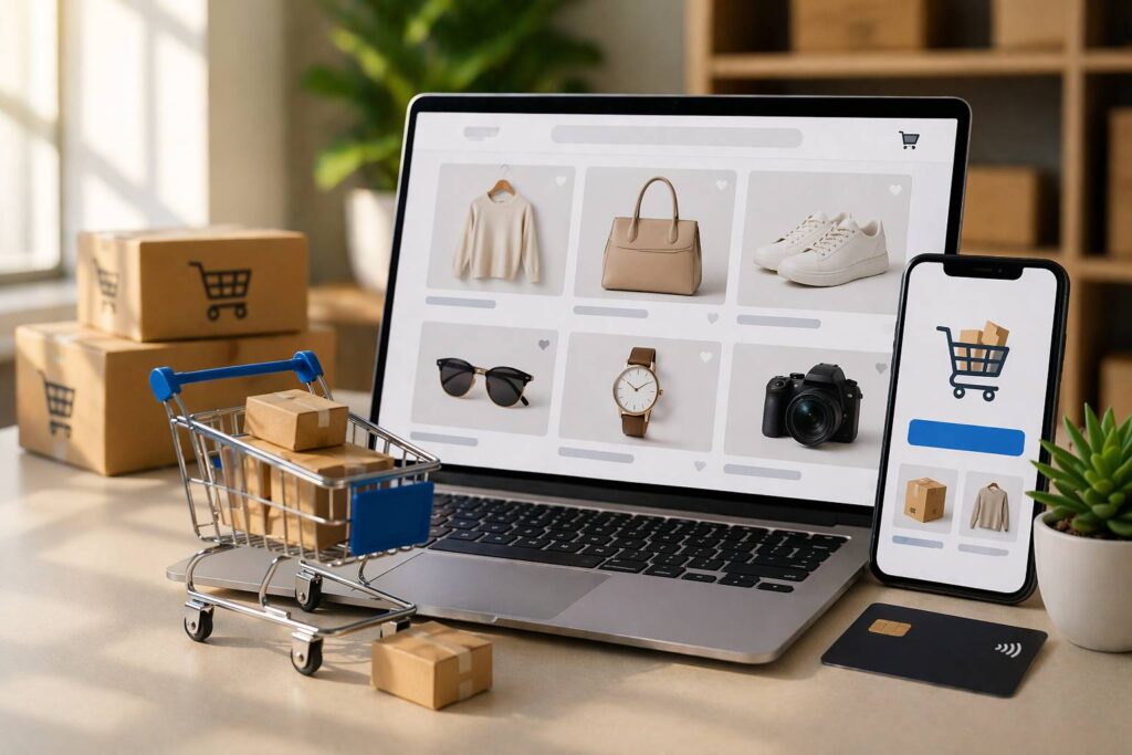 Ecommerce website on laptop and mobile showing online shopping and product listings