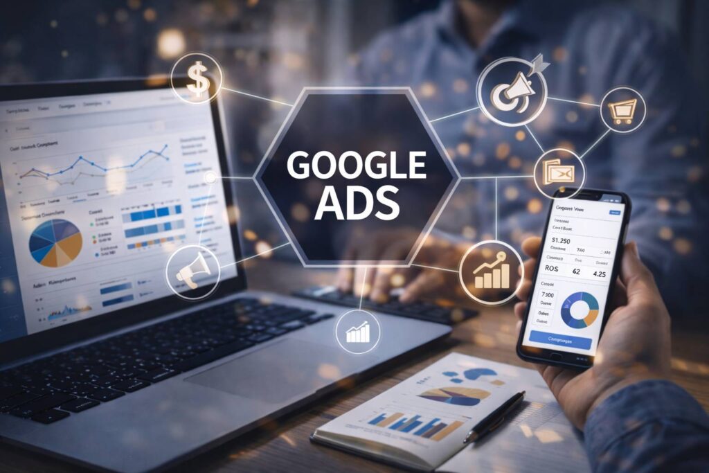 Google Ads dashboard on laptop and mobile showing campaign performance and analytics