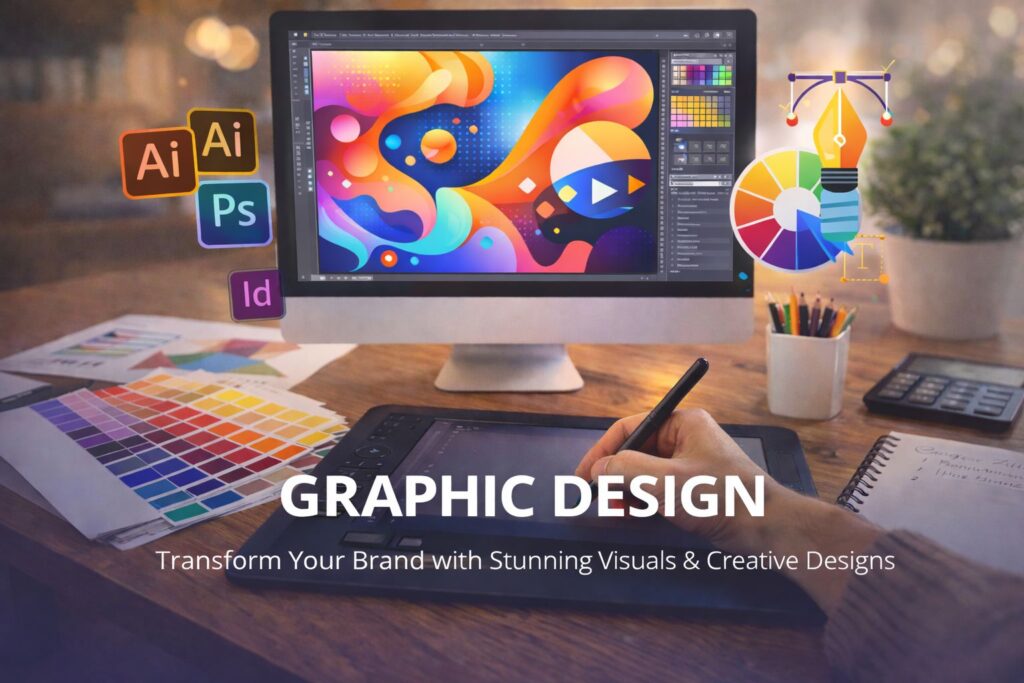 Graphic design workspace with tablet and creative tools for designing digital visuals