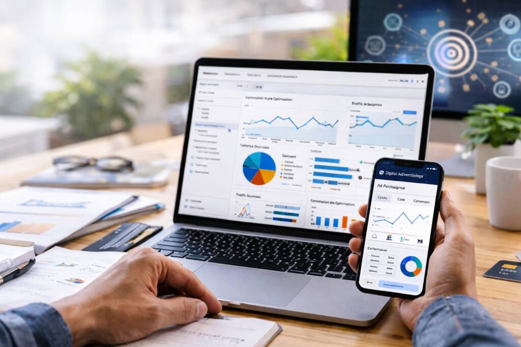 Performance marketing dashboard showing analytics, conversions and campaign tracking