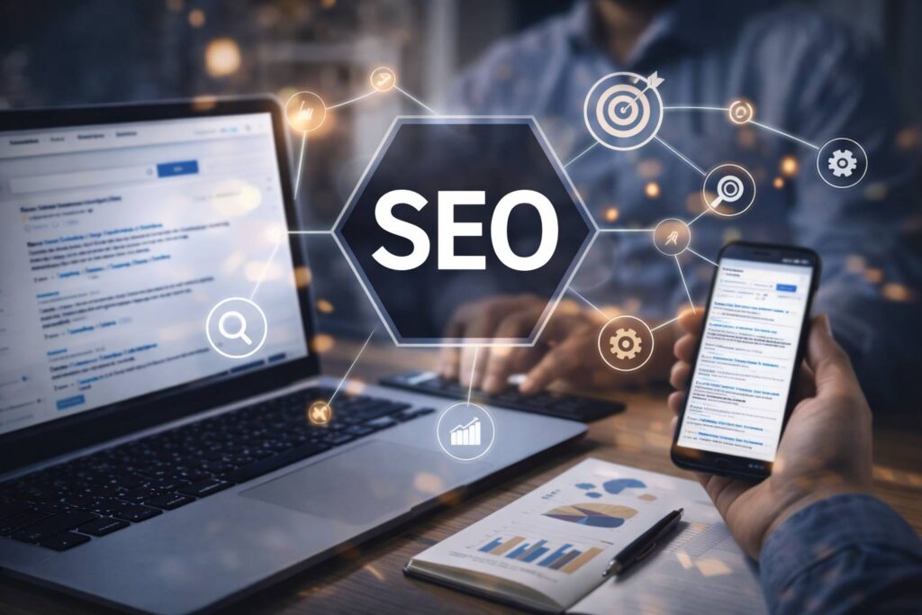 SEO analytics on laptop and mobile showing search rankings and website optimization