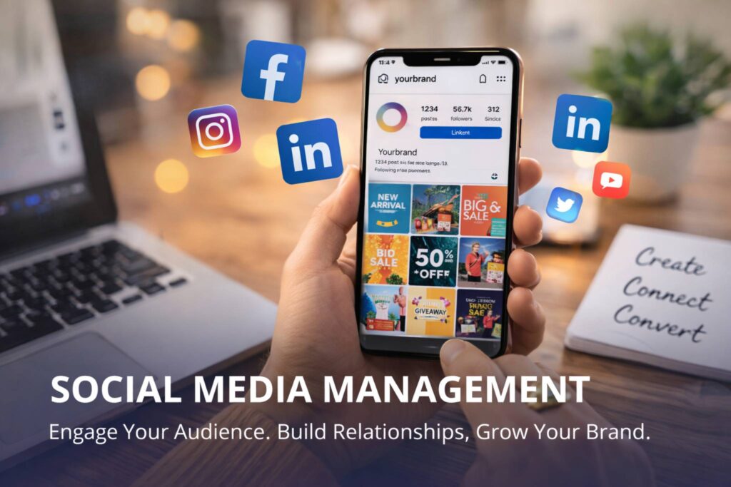Social media management dashboard on smartphone showing Instagram growth and engagement strategy