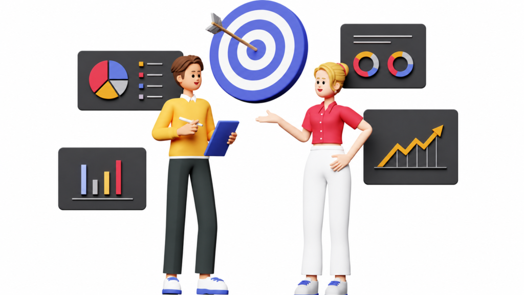 3D digital marketing illustration showing business professionals discussing SEO analytics, social media marketing, performance marketing, and business growth strategy.