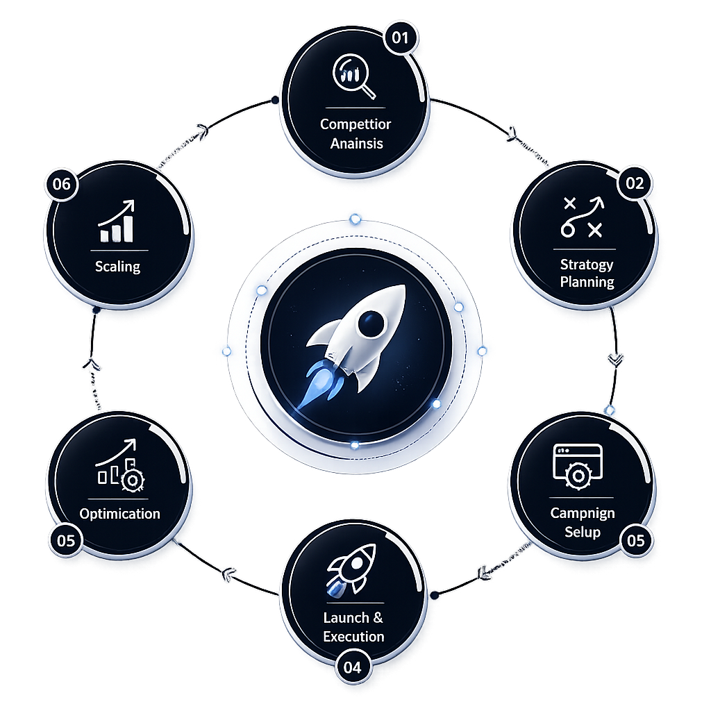 Transparent digital marketing process infographic showing competitor analysis strategy planning campaign setup launch execution optimization and scaling